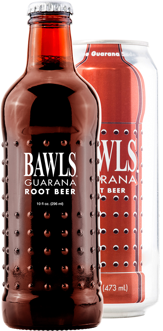 Bawls Root Beer bottle and can