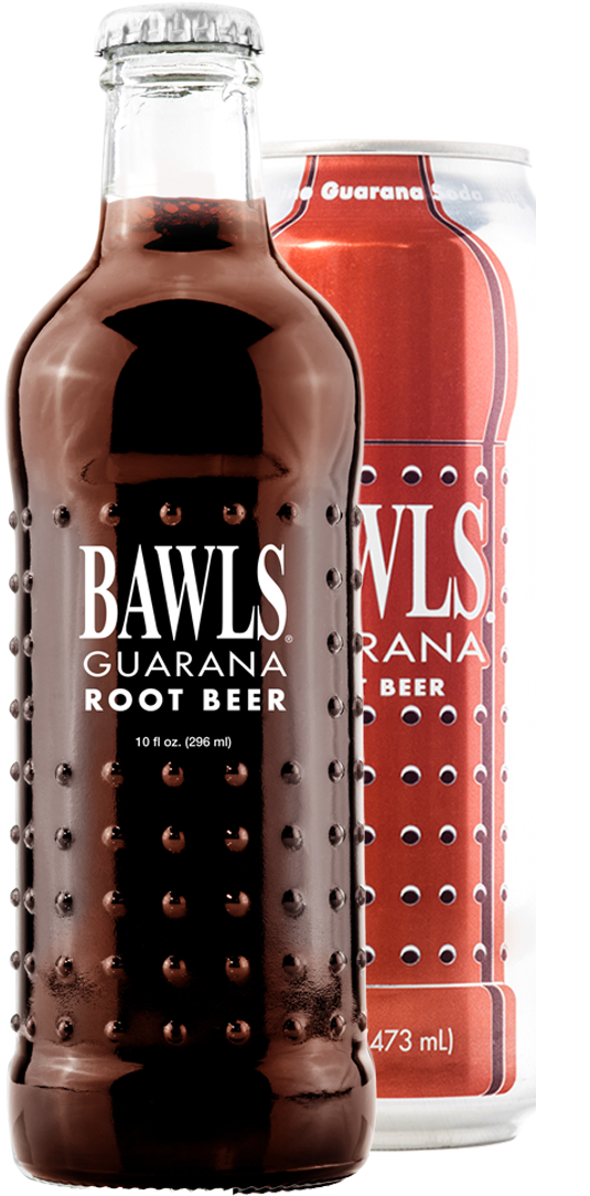 Bawls Root Beer bottle and can